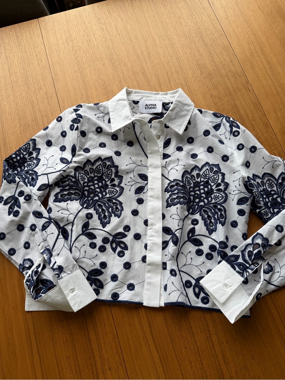 Made in Italy- Alpha Studio NY brand, White Shirt with Navy Embroidery